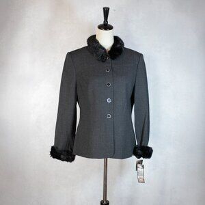 Kasper Wool Blazer Jacket Removabal Faux Fur Sleeve Trim Collar Gray Sz 10P
